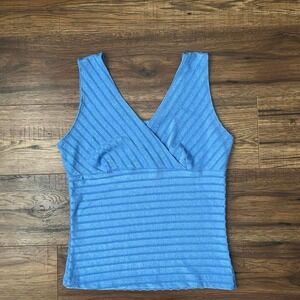 Y2K Venus Ribbed Blue Wrap Tank Sleeveless Stretch Top Small Coquette Party